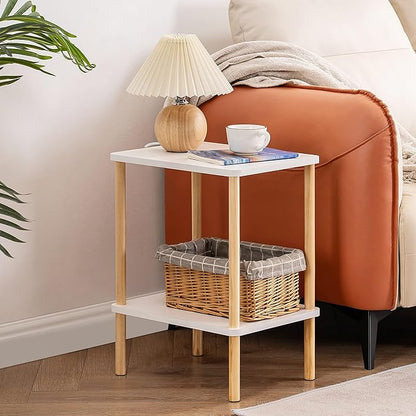 Apicizon 2 Tier End Table, Small Side Table with Solid Wood Legs, Boho Bedside Table with Storage Shelf, Nightstand for Small Spaces, Bedroom, Living Room, Entryway, Easy Assembly, White+Natural