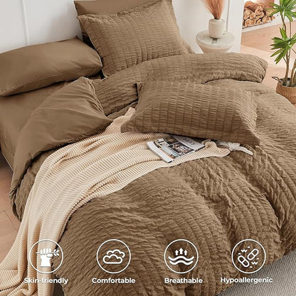HYMOKEGE Brown Twin XL Comforter Set Seersucker 5 Pieces, All Season Luxury Bed in a Bag for Bedroom, Bedding Set with Comforter, Sheets, Pillowcase & Sham