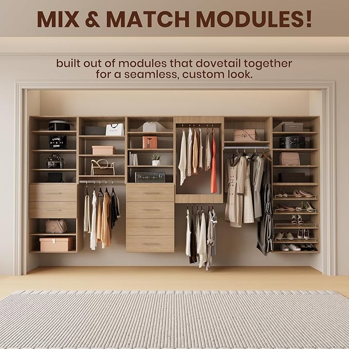 ROOMTEC 25.5" Double Hanging Closet Unit, Modular Closet System with Hanging Rod, Wardrobe Organizer for Bedroom or Walk-in Closet, Wall Mounted, Customizable Clothes Storage Unit, Wood