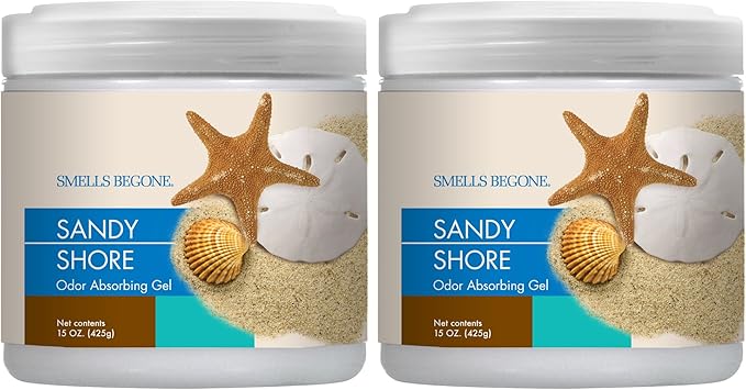 SMELLS BEGONE Air Freshener Odor Absorber Gel - 15 oz, Pack of 2 - Absorbs and Eliminates Odor in Pet Areas, Bathrooms, Cars, & Boats - Made with Essential Oils - Sandy Shore Scent-Mewly Pet