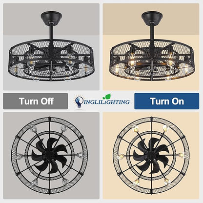 DLLT Caged Ceiling Fan with Lights: 26" Bladeless Fandelier with Light and Remote - Black Industrial Chandelier Fan Light for Bedroon Living Dining Room Kitchen