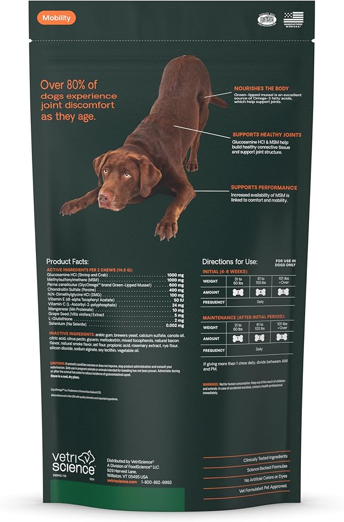 VetriScience Ultimate Strength Healthy Hip & Joint Chews, GlycoFlex Glucosamine, Chondroitin & Green-Lipped Mussel Joint Support Supplement for Dogs, Soothe Joint Discomfort, Peanut Butter, 120 Count-Mewly Pet