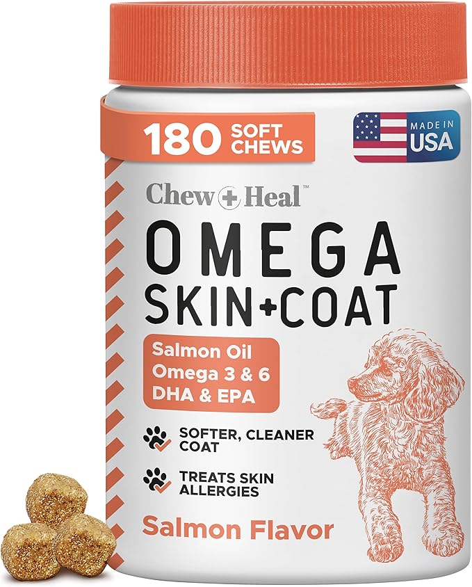 Salmon Oil for Dogs - Soft Chew Omega Treats for Skin and Coat - Fish Oil Blend of Essential Fatty Acids, Omega 3 and 6, Vitamins, Antioxidants and Minerals - Made in USA (180 Chews, Salmon)-Mewly Pet