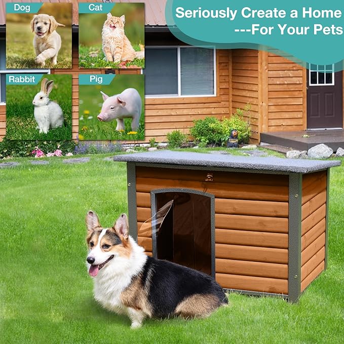 Indoor Outdoor Dog House,Anti-Chewing Iron Frame Dog Kennel,Wood Warm Pets Home,Weatherproof Outside Shelter for Feral Animal 33.5" (L) X 22" (W) X 25.2" (H) Brown-Mewly Pet