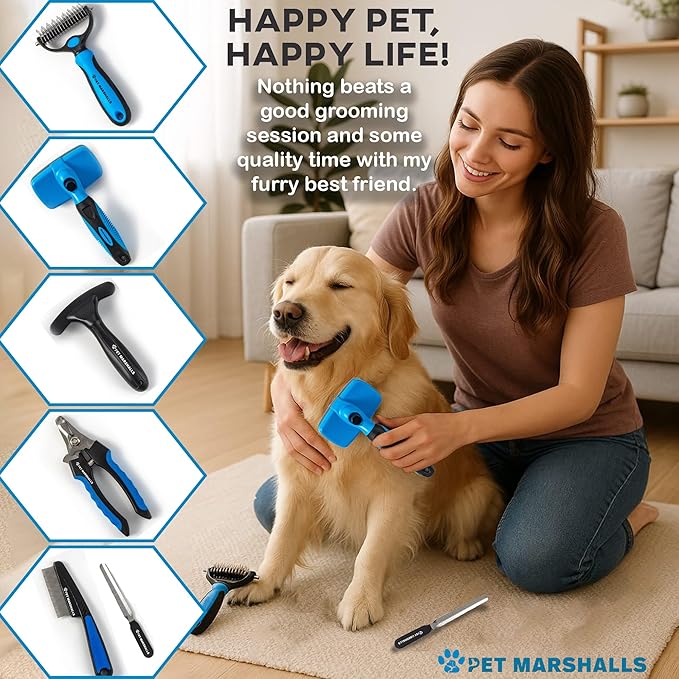 Pet Grooming Brushes Kit - 6-in-1 Complete Grooming Accessories for Deshedding, Detangling, and Dematting including Nail Clipper and File-Mewly Pet