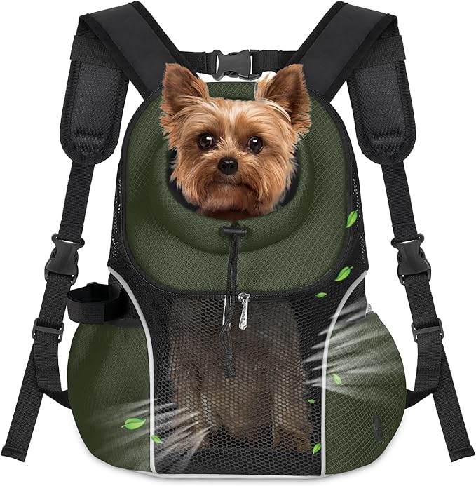 WOYYHO Pet Dog Carrier Backpack Small Dog Front Backpack Ventilated Mesh Dog Travel Back Pack with Safety Belt for Travel Hiking Cycling Outdoor Adventures (Size L: 10-14 lbs, Army Green)-Mewly Pet