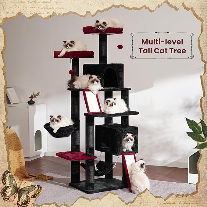 Cat Tree for Indoor Cats, 71'' (180cm) Multi-Level Cat Tower for Large Adult, Gothic Sturdy Cat Tree House with 2 Scratching Boards 7 Posts, 2 Plush Perches/Condos, Hammock, Black GCT032BR-Mewly Pet