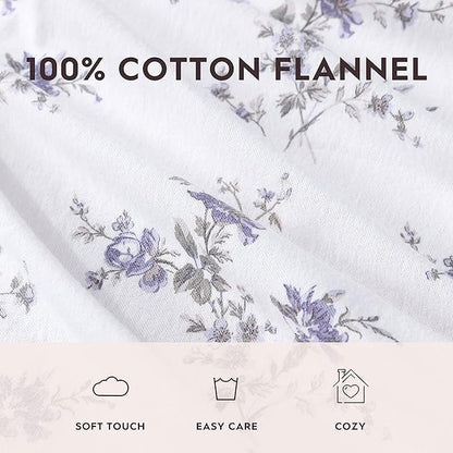 Laura Ashley - Flannel Sheets Full Size, Anti-Pilling & Wrinkle Resistant Cotton, Touchably Soft for All-Season Comfort - Bed Sheets with Matching Pillowcases & Fitted Sheet (Jessika Lavender)