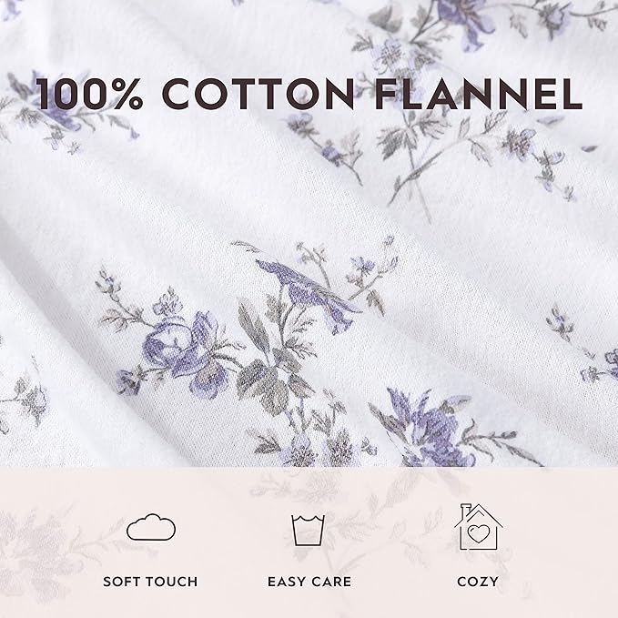 Laura Ashley - Flannel Sheets King Size, Anti-Pilling & Wrinkle Resistant Cotton, Touchably Soft for All-Season Comfort - Bed Sheets with Matching Pillowcases & Fitted Sheet (Jessika Lavender)