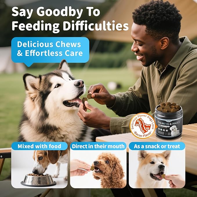 Calming Chews for Dogs – Calming Treats for Anxiety, Stress, Separation, Travel&Thunder, Relaxation & Focus Support with L-Theanine, Valerian Root, Chamomile & Ashwagandha, Bacon Flavor, 90Ct-Mewly Pet