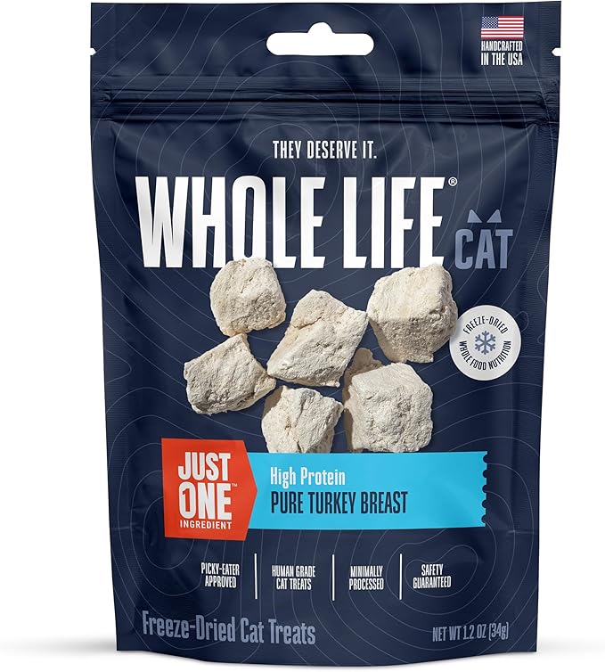 Whole Life Cat Just One Turkey Freeze Dried Cat Treats - Human Grade High Protein Food, Healthy Training Snacks, Freeze Dried Turkey Food Toppers, USA Made Natural Treats - 1.2 oz (Pack of 1)-Mewly Pet