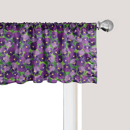 Ambesonne Botanical Window Valance, Green Field Full of Burgeoning Pansy Inflorescence Garden Flourish Bedding Plants, Curtain Valance for Kitchen Bedroom Decor with Rod Pocket, 42" x 18", Purple