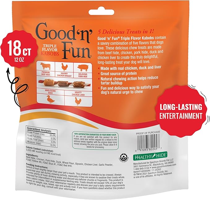 Good ‘n’ Fun Triple Flavor Kabobs Chews for All Dogs, 18 Count, Treat Your Dog to Chews Made from Beef Hide, Real Chicken, Pork Hide, Duck and Chicken Liver-Mewly Pet