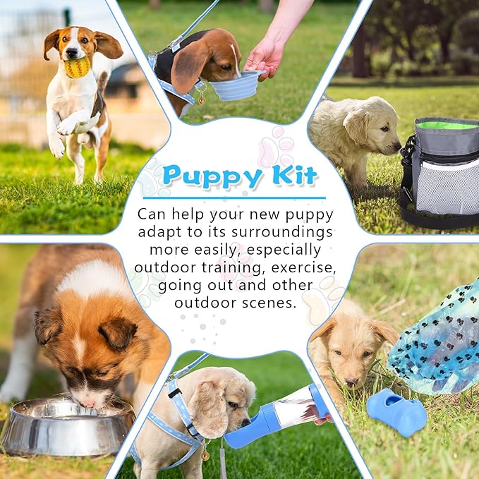 65 Pcs Puppy Supplies Starter Kit Small Dog Essentials Includes Dog Leash, Toys, Bowl, Brushes, Water Bottles, pet Blankets Puppy Accessories for New Welcome Gift Supplies(Cool,Blue)-Mewly Pet
