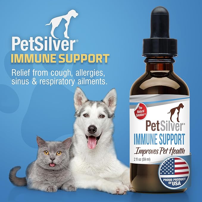 PetSilver Immune Support - Promotes Respiratory Health in Cats & Dogs, Sinus & Kennel Cough Treatment, Natural Antibiotic, Allergy Relief, Chelated Silver Formula, Easy-to-Use Dropper, USA - 2 fl oz-Mewly Pet