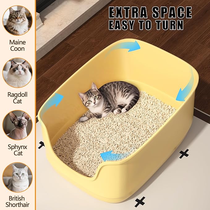 Gefryco Large Cat Litter Box with High Sided 24.6"x18.3"x12.2" - Jumbo Extra Large Open Anti - Splashing High Wall for Multiple Cats (Yellow)-Mewly Pet