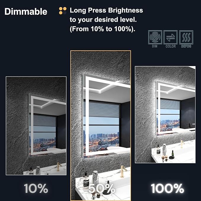 Led Bathroom Mirror 40"x36" with Anti-Fog, Front Lighted Bathroom Vanity Mirror for Wall Mounted, Memory, 3 Colors Dimmable Backlit Mirror (Horizontal/Vertical)