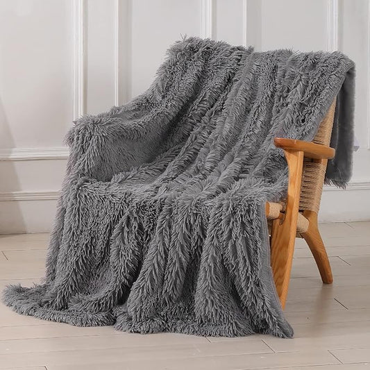 Tuddrom Decorative Extra Soft Faux Fur Blanket Queen Size 80" x 90",Solid Reversible Fuzzy Fluffy Cozy Plush Fleece Comfy Microfiber Blanket for Couch Sofa Bed,Grey