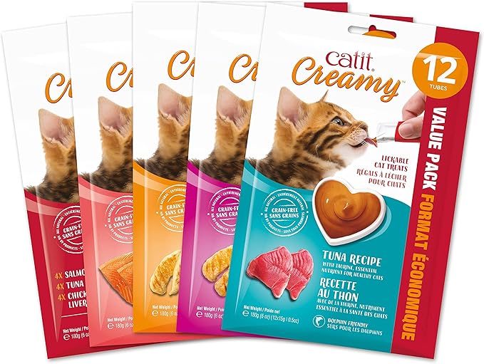 Catit Creamy Lickable Cat Treat, Healthy Cat Treat, Chicken & Shrimp, 12 Pack, 0.5 Ounce (Pack of 12)-Mewly Pet