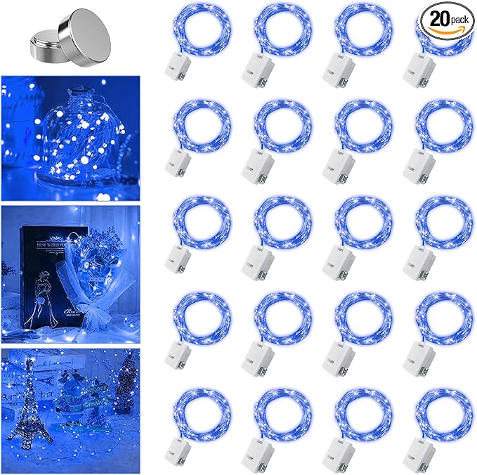 20 Pack Fairy Lights Battery Operated - 3 Speed Modes, 7Ft 20 LED String Twinkle Lights, Waterproof Copper Wire, Mini Firefly Light for Mason Jars Vases Christmas Decor,Blue
