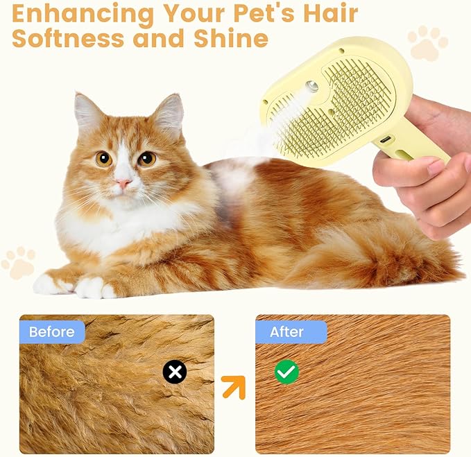 3 in 1 Cat Steam Brush, Pet Spray Hair Removal Comb for Shedding & Grooming, Water Brush for Cats Dogs Small Animals Long Short Haired with One-Click Release Button(Yellow)-Mewly Pet