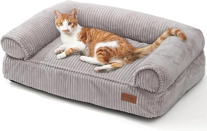 FUKUMARU Dog Couch Bed, Corduroy Cozy Cat Bed for Indoor Cats with Washable Cover, Supportive Waterproof Dog Beds Sofa for Small Dogs and Large Cats Cute, 28inch, Medium, Light Grey-Mewly Pet