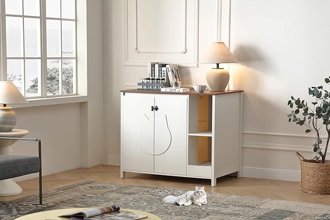 Cat-Faced Doors Cat Litter Robot Enclosure,Automatic Litter Box Enclosure for Litter Robot 3/4,Power Outlet for cat Litter Cabinet,Litter Collector,Dog-Proof Shelf,Antique White-Mewly Pet