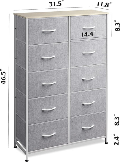 WLIVE Tall Dresser for Bedroom with 10 Drawers, Chest of Drawers, Dressers Bedroom Furniture, Storage Organizer Unit with Fabric Bins for Closet, Hallway, Living Room, Entryway, Light Grey