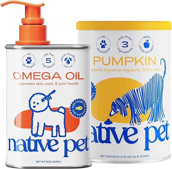 Native Pet Omega Oil for Dogs & Pumpkin for Dogs | Dog Fish Oil Supplements | All-Natural, Organic Pumpkin Fiber for Dogs | 8 Oz. Omega Oil & Pumpkin Powder-Mewly Pet