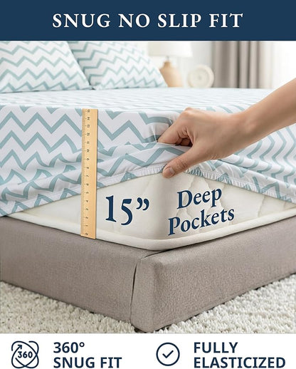 LANE LINEN 100% Organic Cotton Printed California King Sheets Set, 4-Piece All Seaons Soft & Comfy Mercerized Fully Elasticized Naturally Temperature Regulating Printed Cotton Cal King Sheets -Chevron