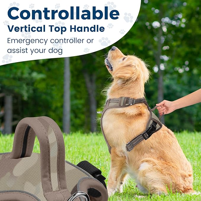 Funfox Dog Harness No Pull, Adjustable Pet Vest Harness, Super Soft Material with Vertical Handle Easy Control, Reflective Night Walking, 2 Leash Clips for XLarge Dogs, Camo Brown, XL-Mewly Pet