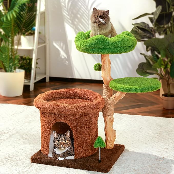 32-Inch Multi-Level Cat Tree Tower, Natural Wooden Cat Furniture with Sisal Scratching Posts, Beds & Condo, Cute Cat Tree for Indoor Cats, Multi-Cat Householdsolds-Mewly Pet