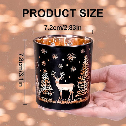 Votive Candle Holders, Black and Gold Glass Tealight Candle Holder Set of 3, Christmas Candle Holder with Elk, Xmax Tree, Snowflake Pattern, Table Canterpieces for New Year Party Decor
