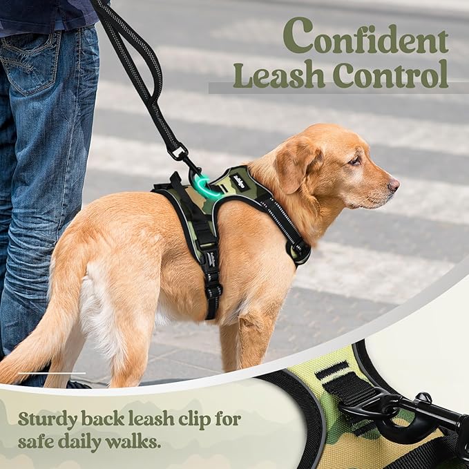 rabbitgoo Dog Harness No Pull with 2 Leash Clips, Adjustable Soft Padded, Reflective Oxford No Choke Pet Vest with Easy Control Handle for Large Dogs, Green Mountain, M-Mewly Pet