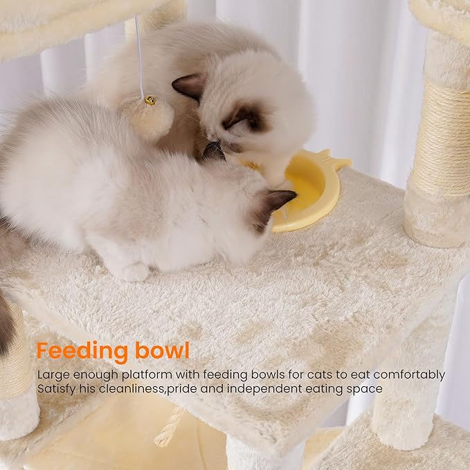 Heybly Tall Cat Tree, 78-inch Multi-Level Cat Tower for Indoor Cats, 2 Widened Plush Perches Cat Condo with Scratching Board and Big Caves, Beige HCT033M-Mewly Pet