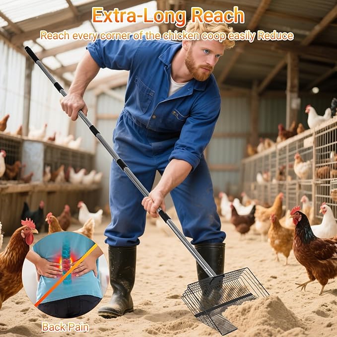 OZRVYNDAREL15 Heavy Duty Chicken Poop Scooper - All Metal Adjustable Handle (39" to 77"), Stainless Steel Sifting Shovel for Coop Cleaning, Small Mesh Design for Fine Waste, Includes Non-Slip Gloves-Mewly Pet