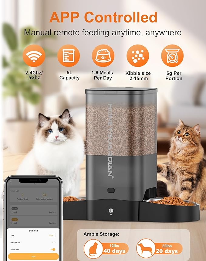 HoneyGuaridan 5L Automatic Cat Feeder for Two Cats, 5G WiFi Smart Feed Pet Feeder with Stainless Steel Bowl,APP Control Dispenser, Dual Power Supply,Desiccant Bag,10s Meal Call Black-Mewly Pet