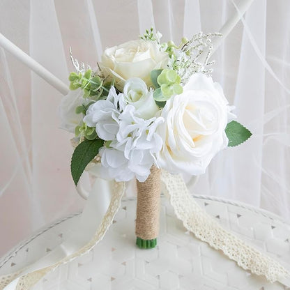 Wedding Bouquets for Bride Bridesmaid, Artificial White Champagne Bride Flower Bouquet for Wedding Church Decoration Ceremony, Anniversary, White Roses Flowers