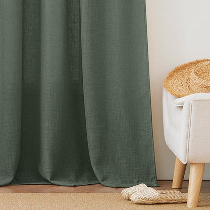 RYB HOME Green Linen Sheer Curtains 102 inches Long, Thick Heavy Textured Rod Pocket Machine Washable Privacy Assured for Living Room Bedroom, W 52 x L 102 inches, Hunter Green, 2 Panels