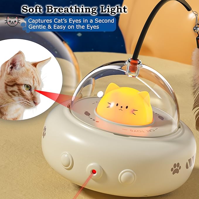 hooroor 2-in-1 UFO Laser Cat Toy – Automatic Motion with Feather, Rechargeable Smart Sensor Interactive Toy for Indoor Cats & Dogs, Fun Exercise & Play, Perfect Pet Gift-Mewly Pet