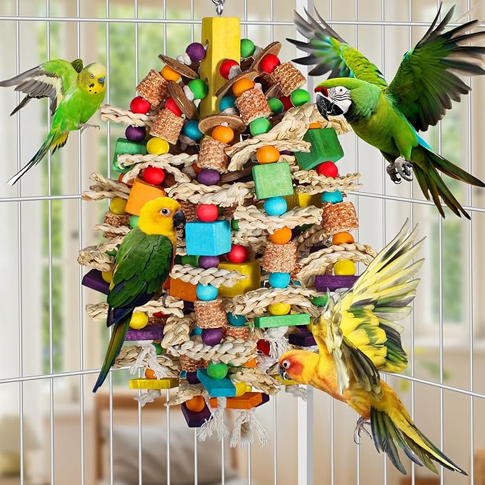 Medium Large Parrot Toys 20in Chewable Bird Toy with Coconut Shell, Poplar Wood, Corn Cob, 112 Schima Wood Beads Bird Shredding Toys Parakeet Macaw Cockatiel Conure African Grey Parrot Gifts-Mewly Pet