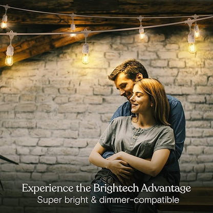 Brightech Ambience Pro Waterproof LED Outdoor String Lights, 48 Ft, Hanging, Dimmable Vintage Edison Bulbs, 15 Bulbs, 2W