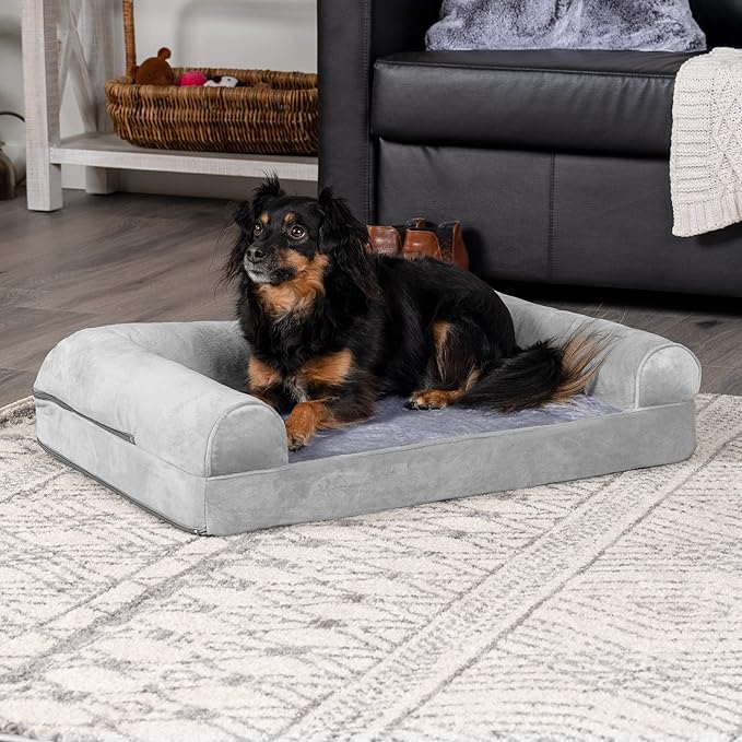Furhaven Orthopedic Dog Bed for Medium/Small Dogs w/ Removable Bolsters & Washable Cover, For Dogs Up to 35 lbs - Faux Fur & Velvet Sofa - Smoke Gray, Medium-Mewly Pet