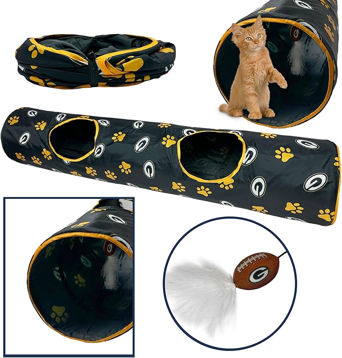 NFL Green Bay Packers Cat Tunnel Tube Toy with Plush Football Catnip and Feathers Collapsible Tunnel for Cats to Play, Peek and Hide, Sporty & Fun Cat Tunnel Toy with Team Logo All-Over Design!-Mewly Pet