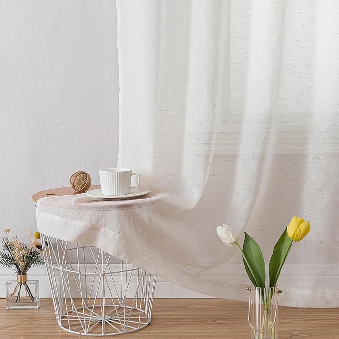 OWENIE Linen Blend Sheer Curtains 96 inch Long 2 Panels Set for Bedroom/Living Room, Natural Farmhouse Sheer Cutain Rod Pocket Farmhouse Drapes,2 Pcs Each 40" W x 96" L
