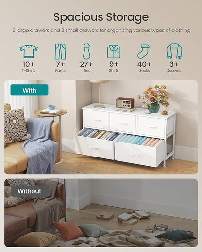 SONGMICS Dresser for Bedroom, Chest of Drawers, TV Stand, Steel, MDF, 5 Non-Woven Fabric Drawers, Storage Organizer Unit, Closet, Entryway, Cloud White and Snow White ULGS322W01S