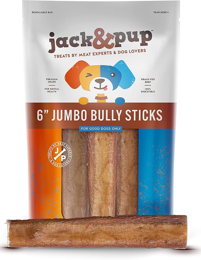 Jack&Pup 6-inch Pizzle Sticks for Dogs (3 Pack) All Natural Jumbo Bully Sticks | Single Ingredient, Long Lasting Bully Sticks for Medium Dogs-Mewly Pet