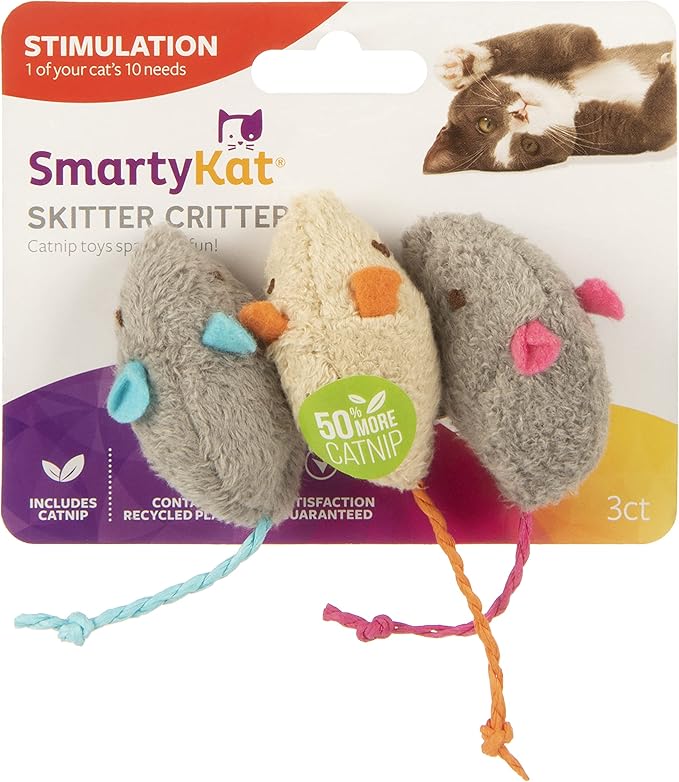 SmartyKat (3 Count) Skitter Critters Catnip Cat Toys - Gray/Cream, 3 Count-Mewly Pet