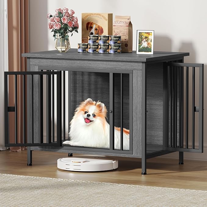 EasyCom 31.5" Small Dog Crate Furniture, Chew-Resistant Dog Crates for Small and Medium Dogs, Dog Kennel Furniture Indoor with 2 Doors and 3.94" Raised Feet, as TV Stand, End Table, Crate Table-Mewly Pet