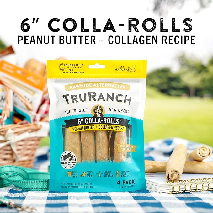 Collagen Rolls - 6" Collagen Rolls for Dogs - Long Lasting Healthy Joint Support - Rawhide Alternative - Skin & Coat Health - Made with Real Peanut Butter, Value Pack, 3 Bags, 12 Count-Mewly Pet